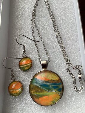 Handmade Abstract Fluid Art Necklace & Earrings Set by B. Almeida